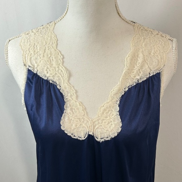 Vanity Fair Vintage Lingerie Nightgown Navy Blue Lace Trim Slip Dress - Picture 2 of 6
